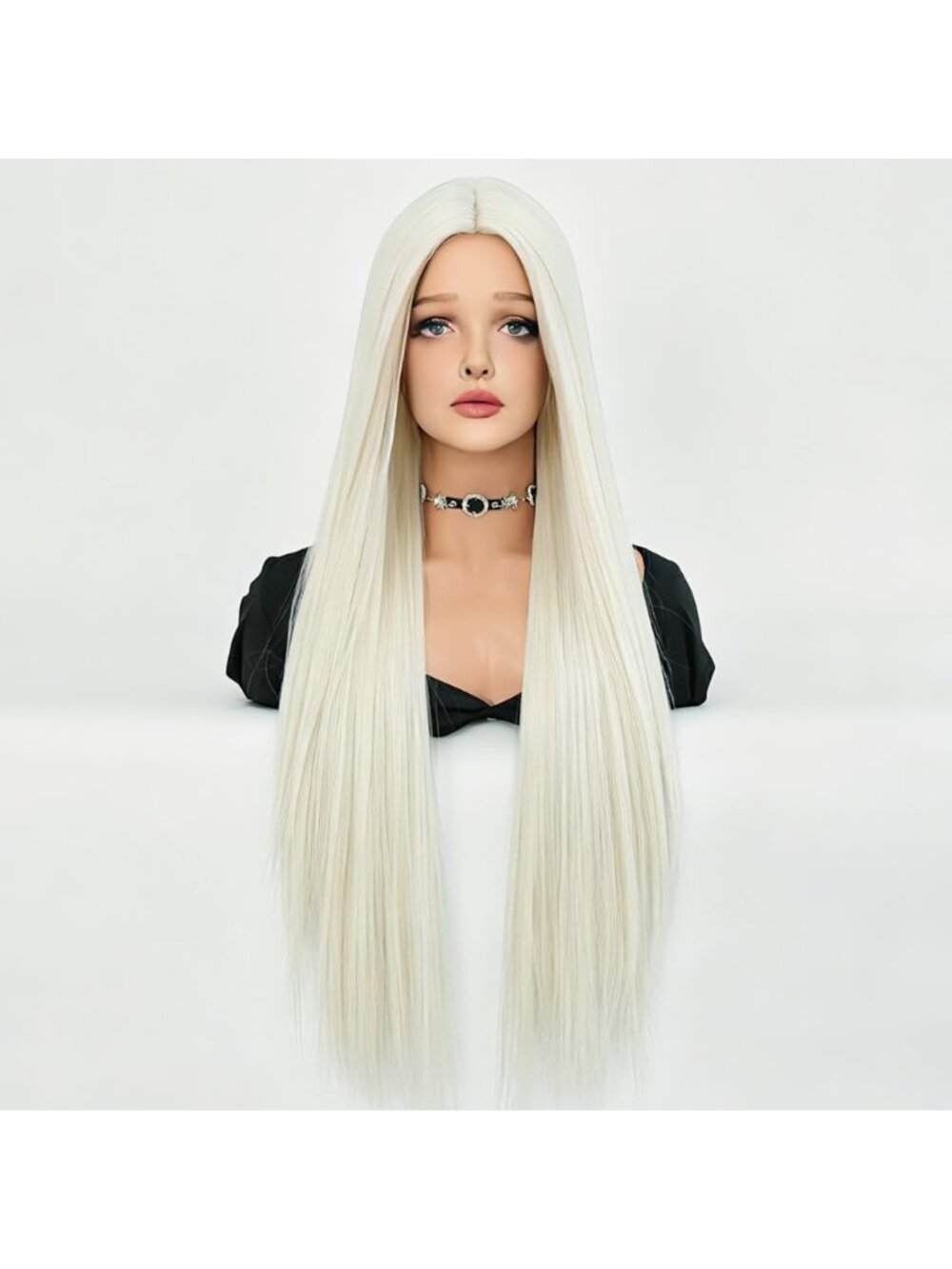 Women's Light White Gold Heat Resistant Synthetic Fiber Long Straight Wigs Bangs